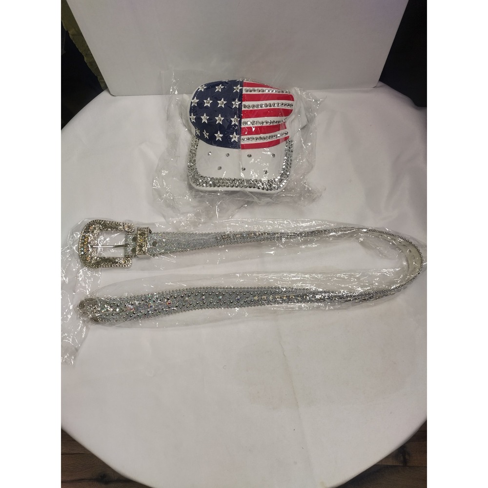 USA Flag Rhinestone Belt and Hat Set Western Bling Patriotic White Silver 43in